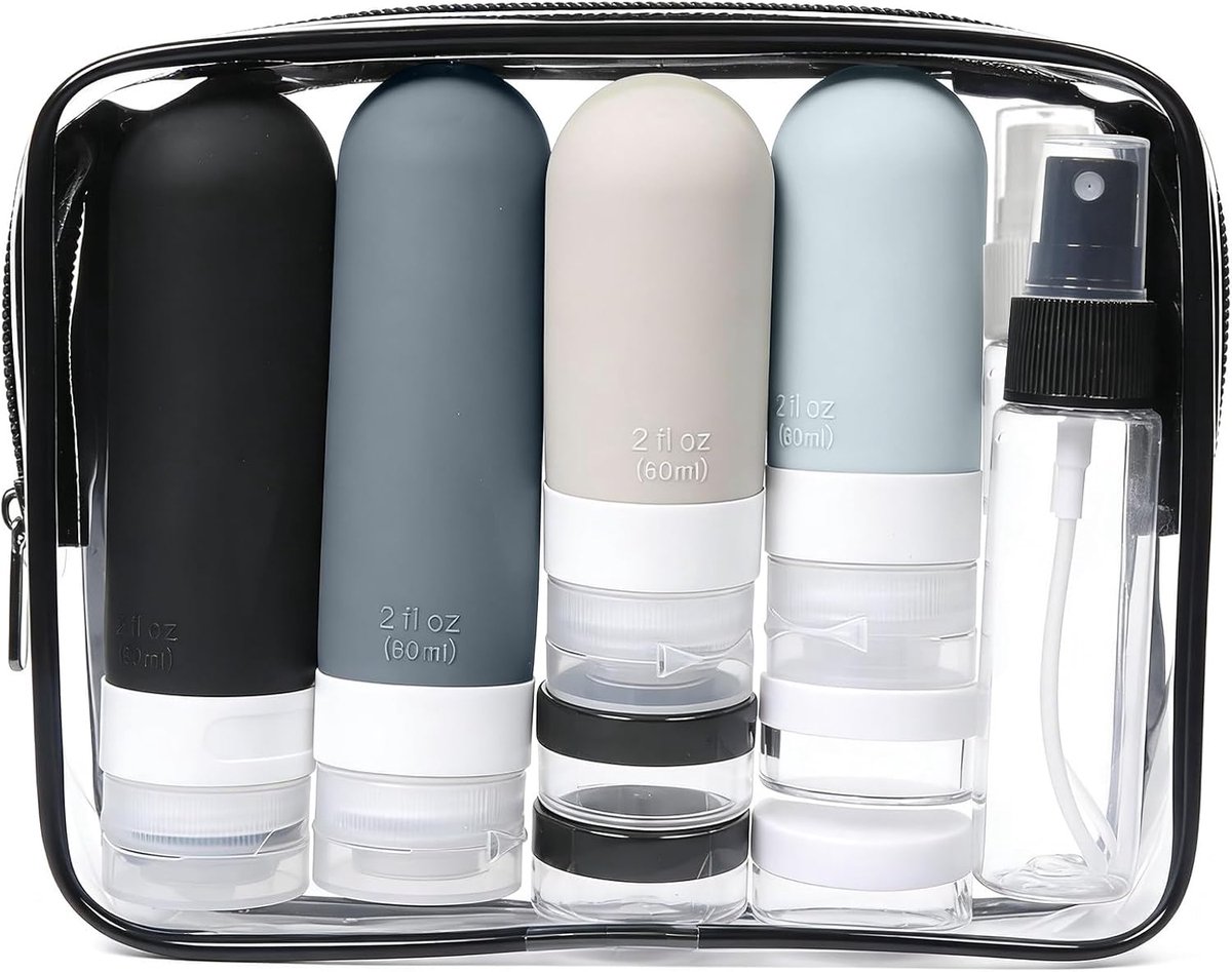 17 stuks 60+90 ML Herbruikbare reistoiletset die niet gemakkelijk lekt. Gemakkelijk navulbaar. Reisfles kan voor shampoo, douchegel, lotion, enz. Ontworpen voor gebruik in vliegtuigen