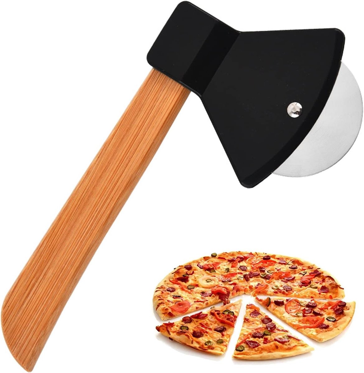 Pizzasnijder, handmatige pizzasnijder, pizzasnijder, pizzasnijder in bijl, pizzames van roestvrij staal, pizzames met houten handvat, voor het snijden van pizza, gebak, deeg (zwart)