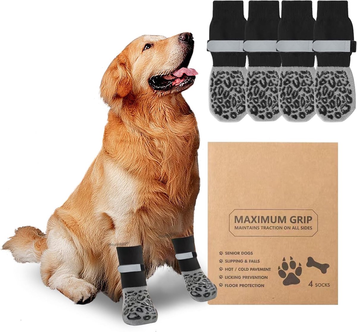 2 paar dubbelzijdige antislipsokken voor honden, met verstelbare | riemen, zacht, bescherming voor de pootbescherming, voor kleine, middelgrote en grote honden (M)