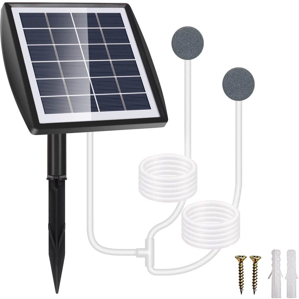 SnelShoppen - Zuurstofpomp op zonne-energie voor vijver, beluchter met accu 2200 mAh, 2 W, luchtsteen en slang voor aquarium, tuin en vijver