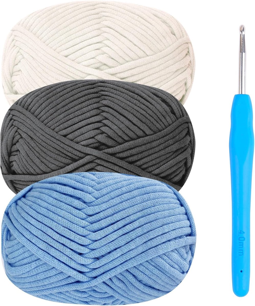 garen voor gehaakt katoenen garen voor haken, dikke wol, 3 x 50 g, haakgaren voor beginners, haakwol, breigaren met haakaccessoires, grijs en blauwgaren