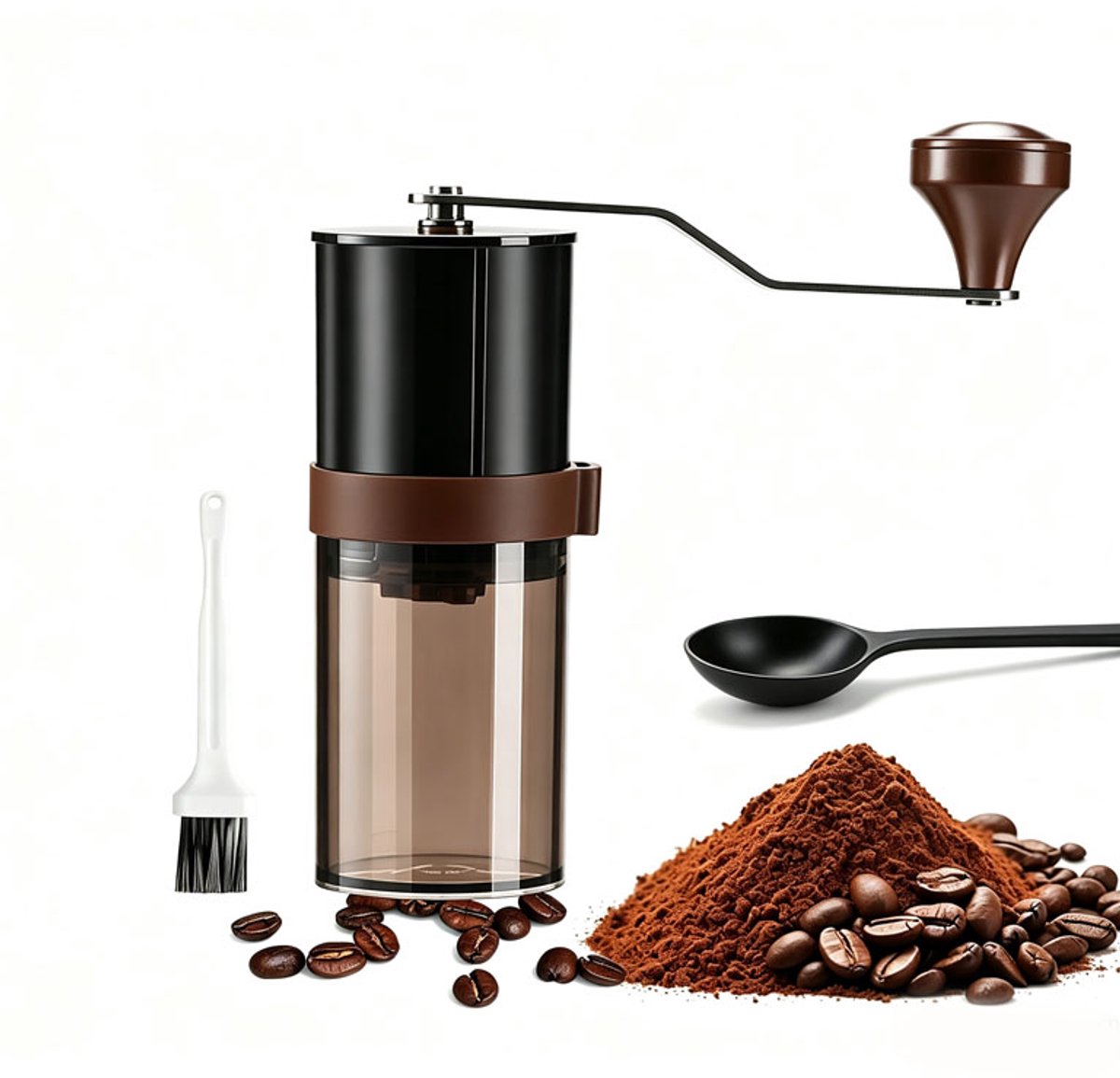 KZQ handmatige koffiemolen - Keramische maalsteen, instelbare maalgraad - Lichtgewicht en draagbaar, compact - Geschikt voor espresso, French press, kamperen en reizen - Capaciteit: 30 g - Bruin - Inclusief schoonmaakborstel en koffieschepje