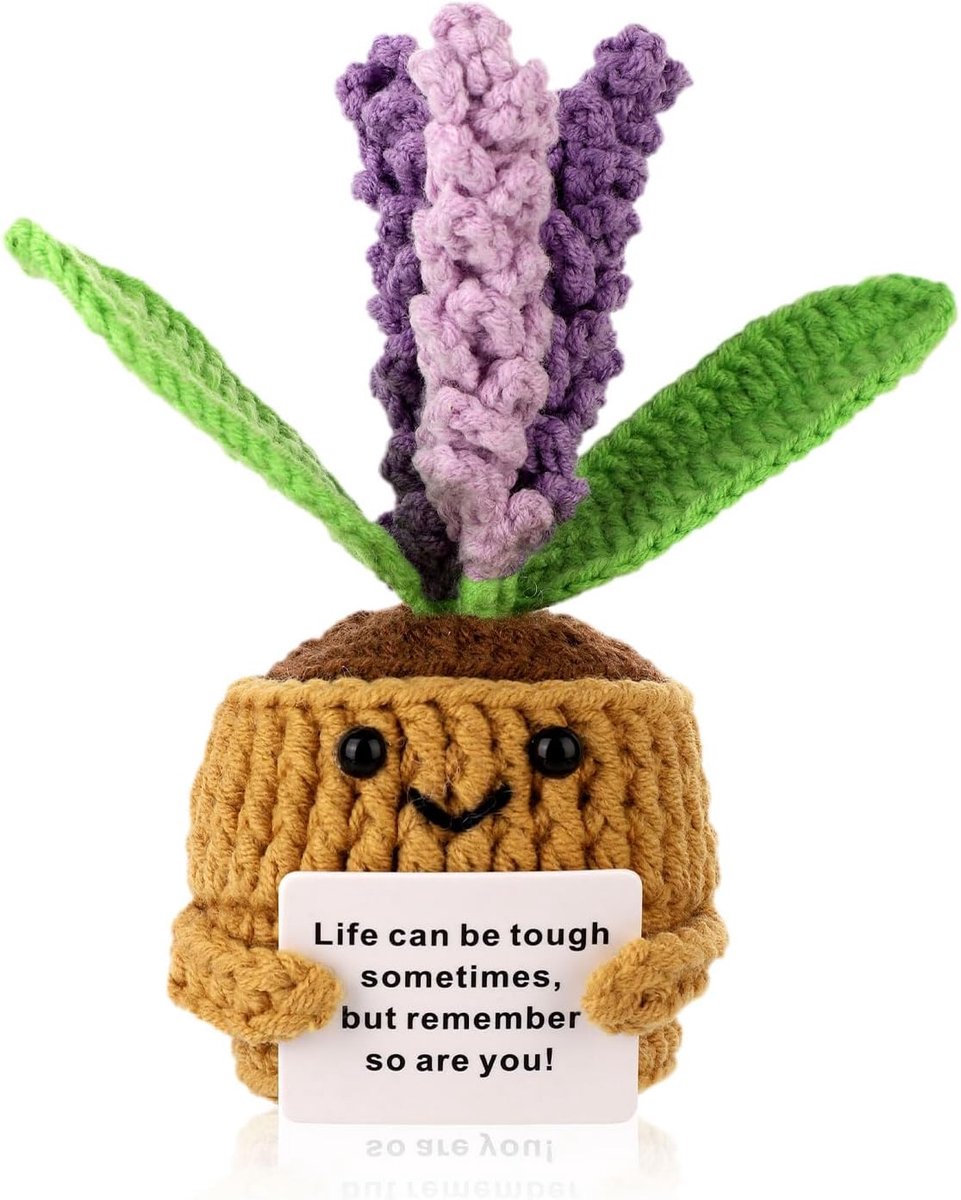 Lavendel Gehaakte Potplanten, 14cm Gebreide Potplant Schattig Positieve Lavendel met Kaart Positieve Bloem Gehaakte Lavendel Bloemen Cadeau voor Vriend Huis Kantoor Bureau Decor