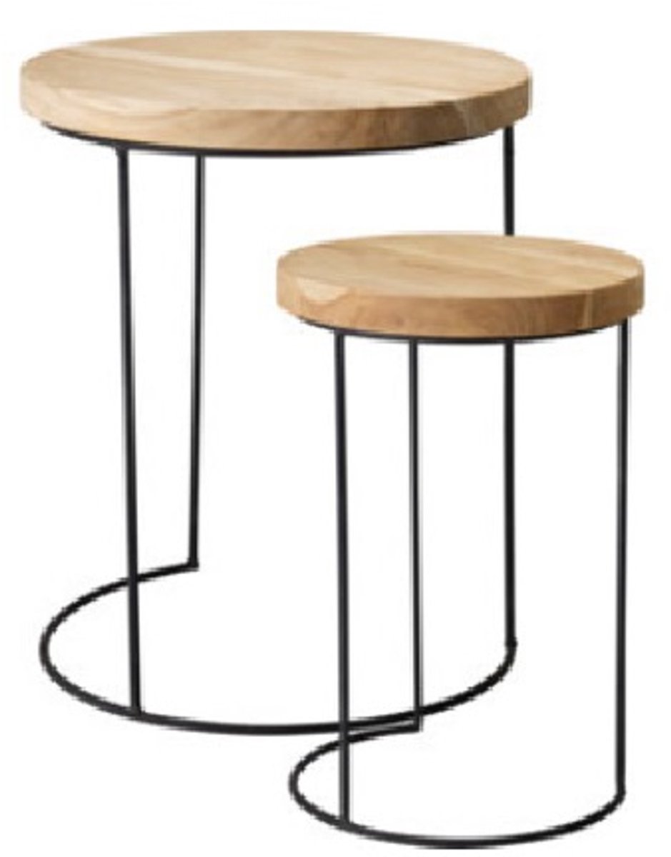 Bijzettafel Salontafel metalen Frame - Tafelblad teak - set 2 stuks