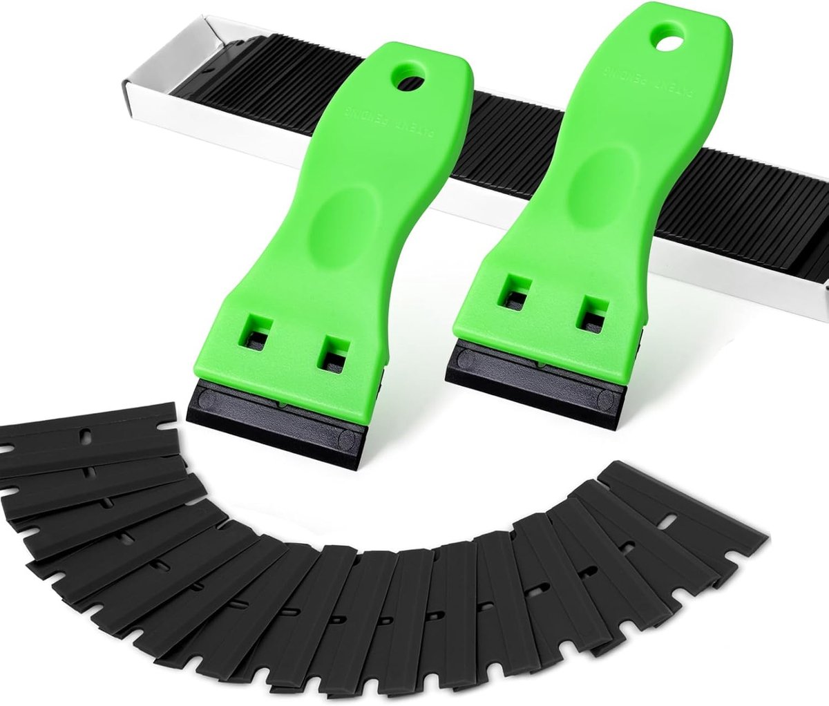 SnelShoppen - 2x Plastic Schrapers met 100 Plastic Bladen, Sticker Verwijderaar voor Vensters en Glas, Flexibel en Krasvrij, Fluorescerend Groen