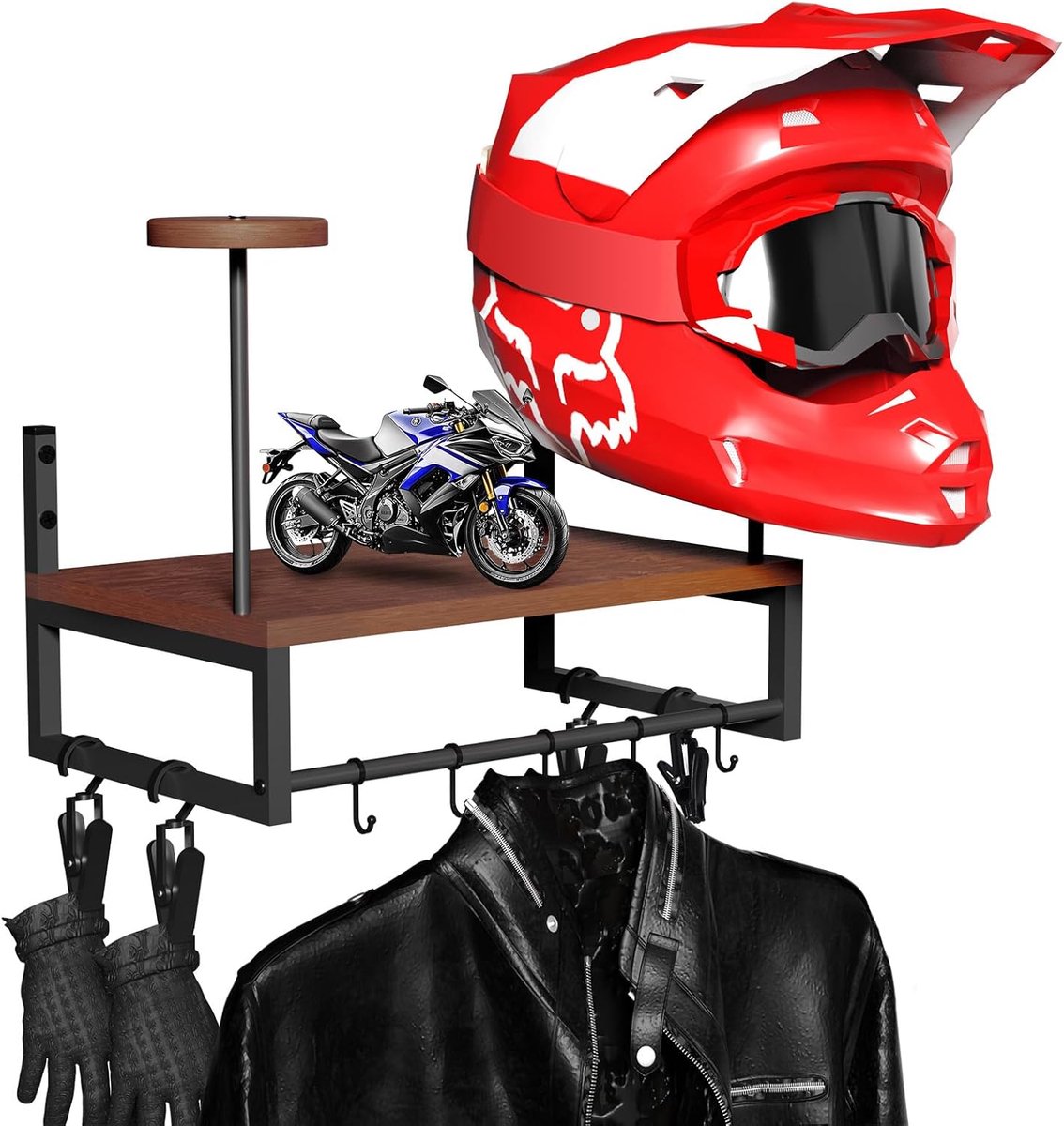 SnelShoppen - Wandgemonteerde Helmhouder voor Motorfiets, Stoere Helmhouder met 2 Hoedhouders, 4 Clips en 5 Haken voor Handschoenen, Sleutels en Jasse