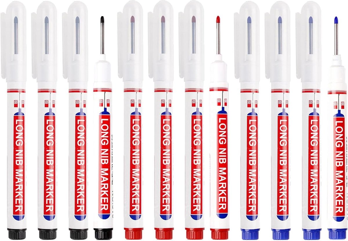 SnelShoppen - Set van 12 Diepe Gatmarkers met 20mm Extra Lange Punt, Precisie Marker voor Hout, Plastic, Wand, Metaal, Bouwlocatie, Kleurenset (Zwart,