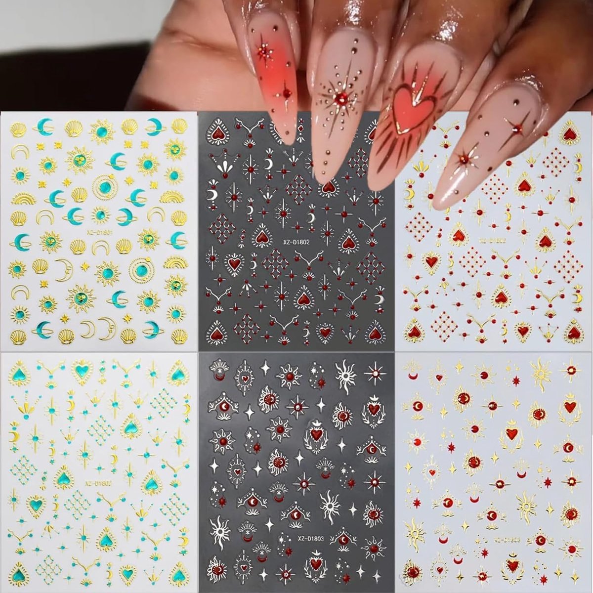 12 Bladen Nagelstickers met Maan, Ster en Zon voor Nagelkunst en Make-up Decoratie Accessoires
