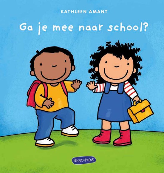 Kinderboek "Ga je mee naar school?" met een jongen met rugzak en een meisje met tasje, beiden vrolijk.