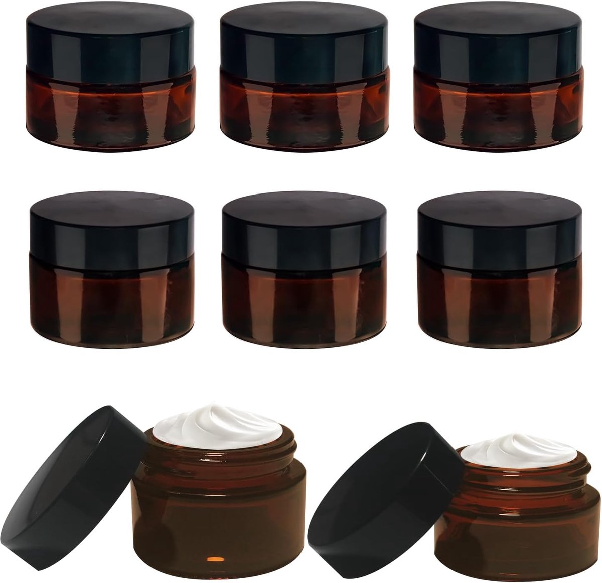 SnelShoppen - Set van 8 crème potjes 20 ml + 30 ml bruine glazen pot voor cosmetica, lotions en crèmes, kleine pot met deksel, ideaal voor reizen en o