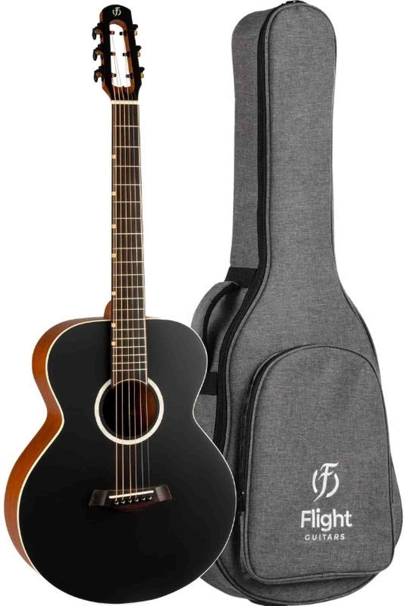 Flight PIXI BK Reisgitaar Massief Bovenblad Akoestische Gitaar Zwart met Tas