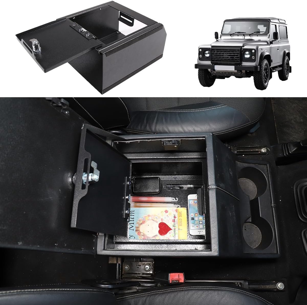 Console Safe Armrest Lockbox - Zwart Carbon Staal - Geschikt voor Defender 2004-2018 - ShopVlot