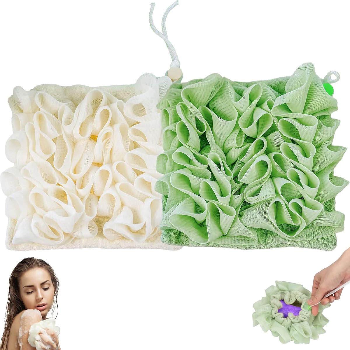 SnelShoppen - 2pcs 2-in-1 Bad Zeep Spons, Douche Scrubber Loofah, Trekkoord Gewikkelde Zeep Douchebal, Kleurige Douche Sponsballen voor Bad en Douche,