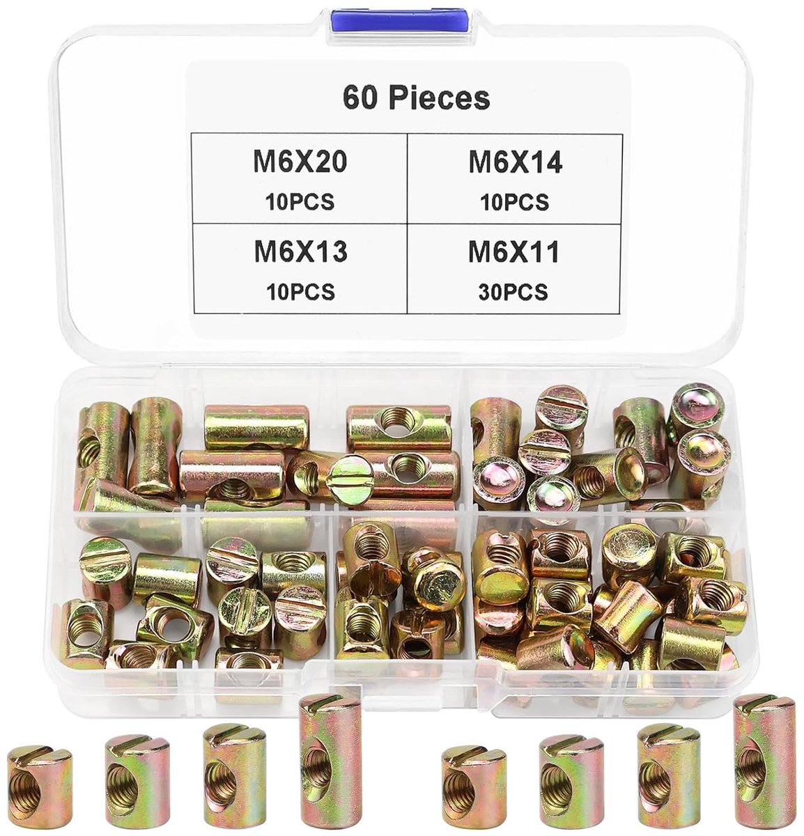 SnelShoppen - 60 Stuks Cross Moeren M6 Cilinder Moeren voor Meubels, Bedden, Stoelen, 11 mm, 13 mm, 14 mm, 20 mm, Hoogwaardige Koolstofstaal, Roestvri