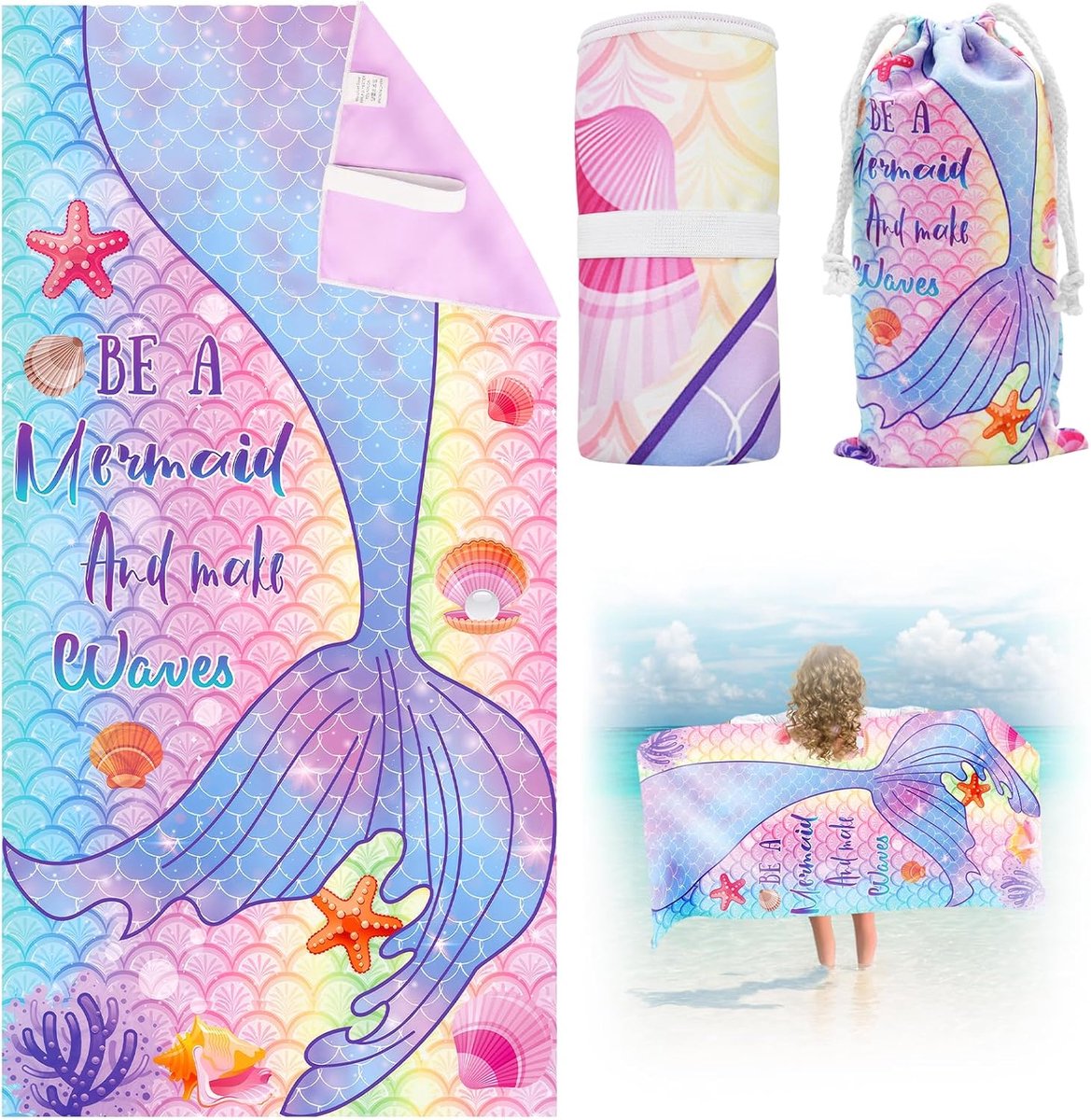 SnelShoppen - Meisjes Zeemeermin Strandhanddoek 75 x 150 cm, Sneldrogend Microvezel Badhanddoek, Ultra Absorberend Voor Zwemmen, Reizen, Strand, Kinde