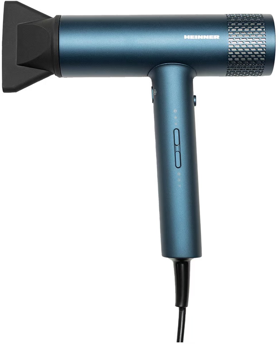Heinner Professionele Föhn – 1800 W BLDC-motor – 3 Snelheidsstanden – 3 Temperatuurstanden – Ionische Functie – Koude Lucht – Magnetische Concentrator en Diffuser – Afneembare Filterbescherming – Blauw –