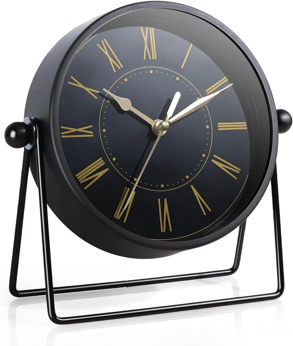 SnelShoppen - Vintage Zwarte Metal Wandklok - Batterij Aangedreven Tafelklok met Verstelbare Hoek, Stille Mantelklok voor Haard, Plank of Woonkamer De