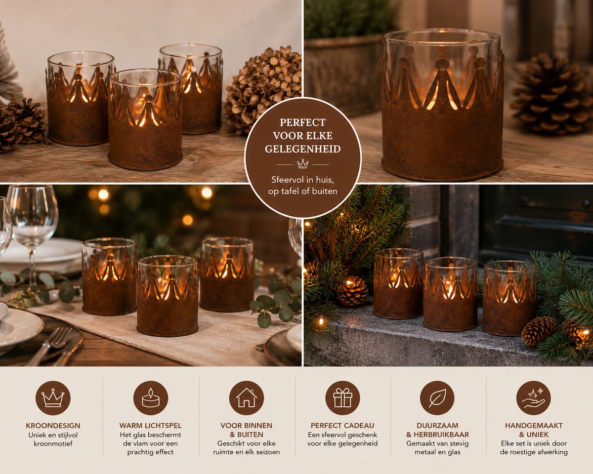 Waxinelichthouders Kroon – Set van 3 – Metalen Theelichthouders met Glas – Ø 7 x 9 cm – Roestbruine Kaarsenhouders voor Kerst, Herfst en Landelijke Woondecoratie – foto 2