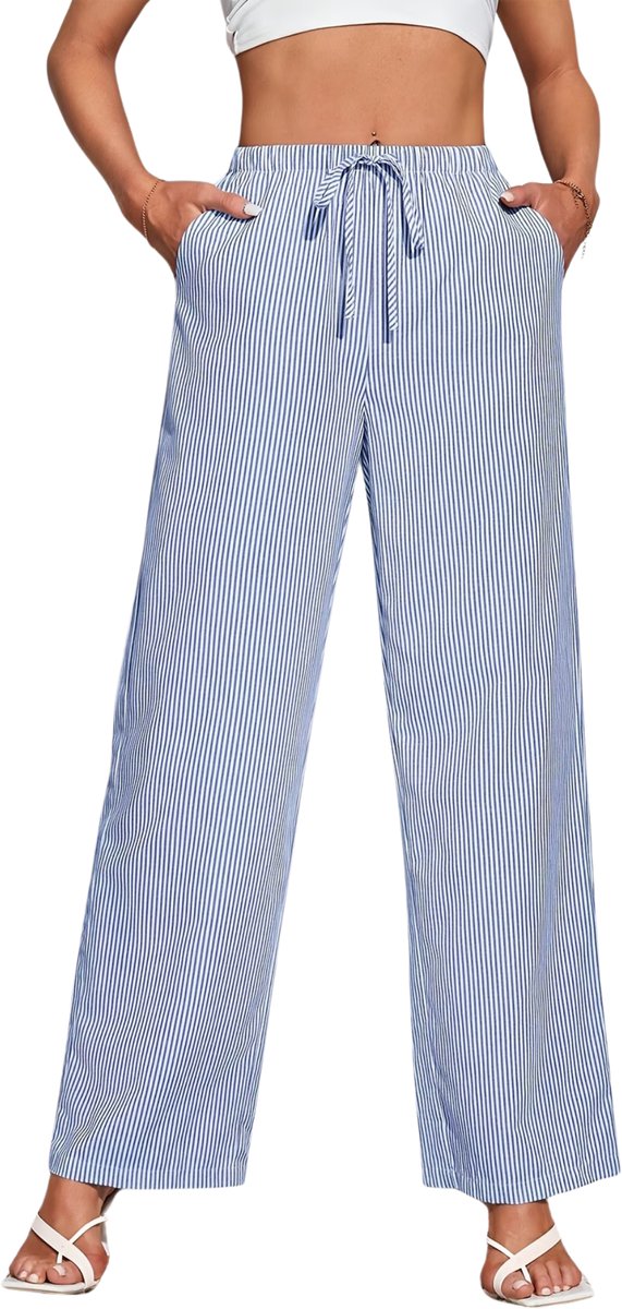 Currero Gestreepte Broek Dames and Striped Pants Yacht Club Linnen Broek Zomerbroek Volwassenen Lange Broek Strandbroek Stroken Blauwe Strepen