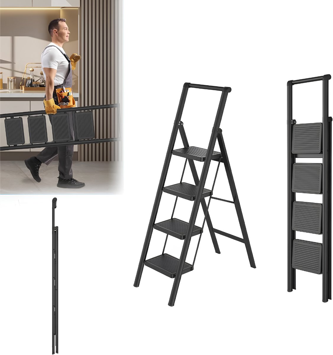 JCP® Huishoudtrap 4 Treden - Ladder - Huishoudtrap - Zwart - 84cm x 42cm x 145cm