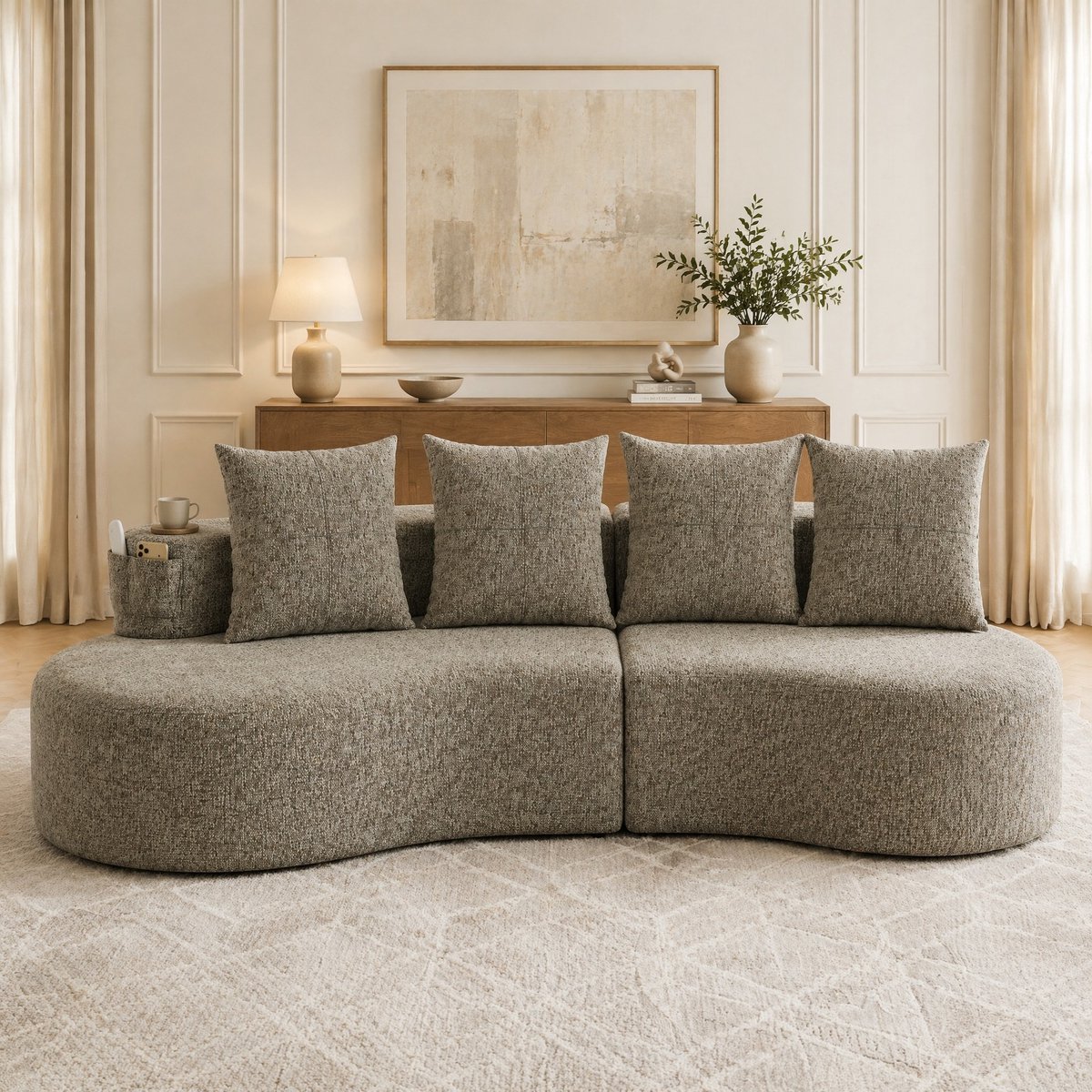 MODENUIT Zitbank 240 cm - Met Bekerhouders en Zijvakken - Voor Woonkamer en Logeerkamer - Linnen Khaki