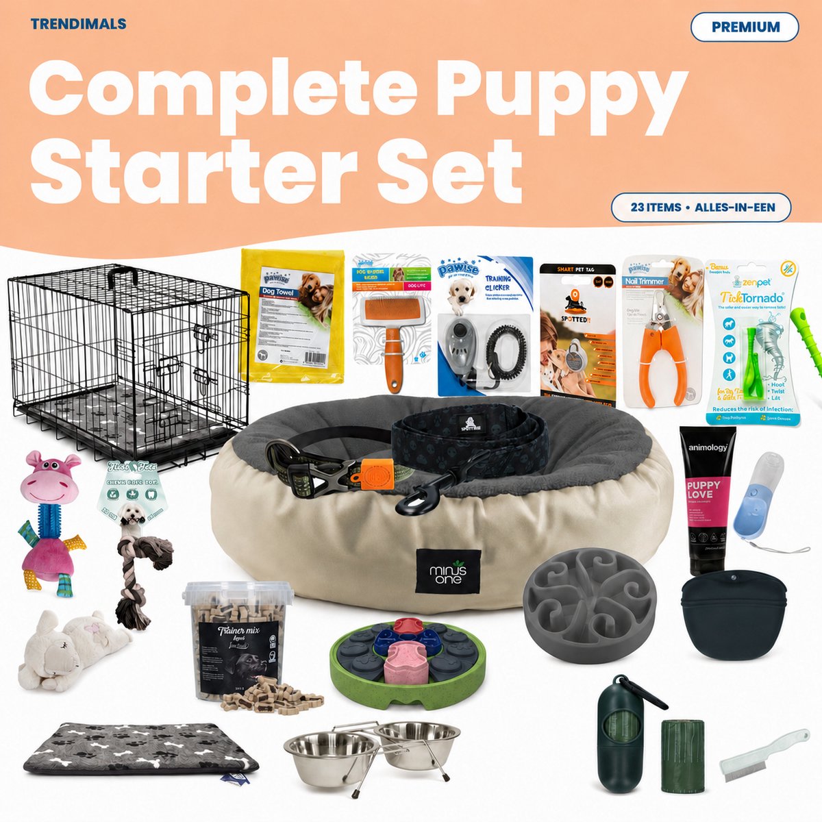 Puppy Pakket Hond met Bench Compleet 23-delig – Puppypakket Starterset met Speelgoed, Training en Verzorging