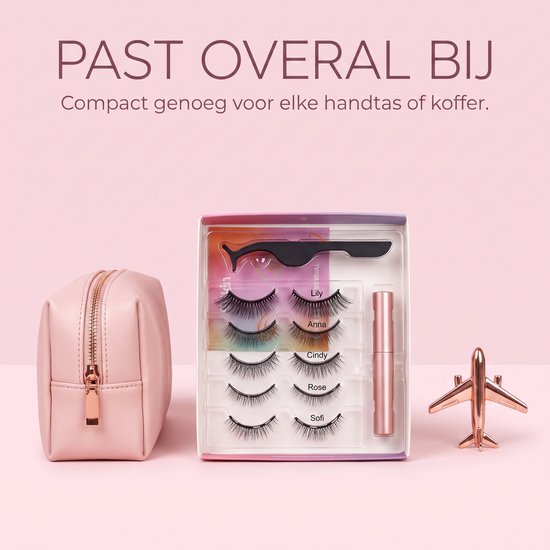 Compacte set met 5 paar magnetische valse wimpers, roze etui, eyeliner en applicator, naast een roze toilettas.