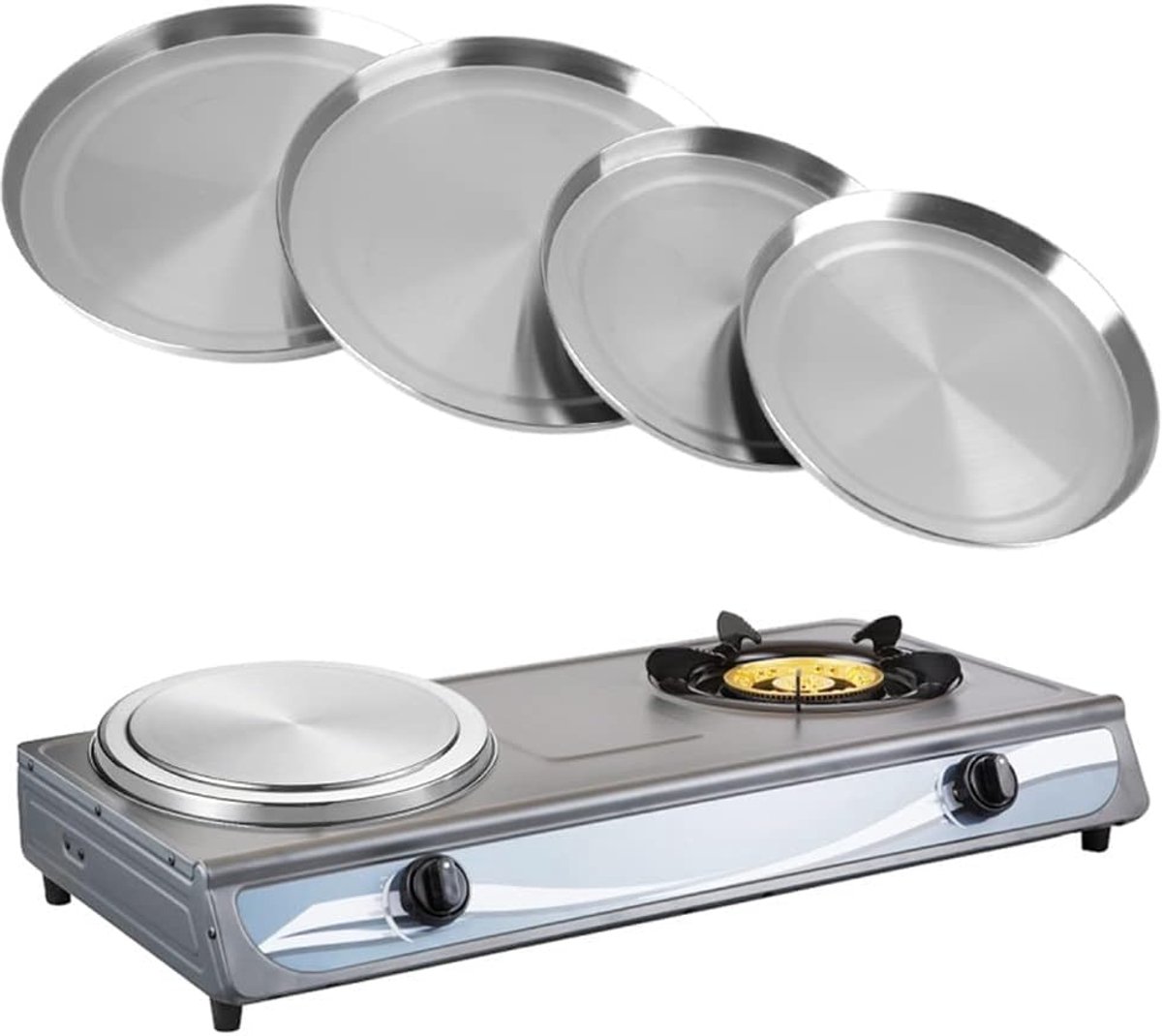 SnelShoppen - 4 Stuks Stainless Steel Kookplaat Beschermers, Herbruikbare Keukenhulpmiddelen, Zilver, 21cm/17cm, Voor Schoon Koken en Preventie van Ro
