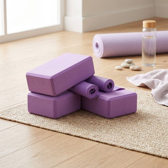 Paarse Pilates blokken yoga blokken set unisex 3 delig met 2 EVA schuim yoga blokken en TPE weerstandsband fitness hulpmiddel voor yoga pilates stretching balans en mobiliteit — afbeelding 2