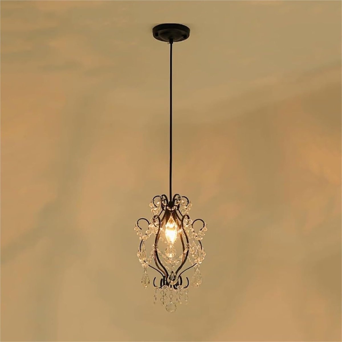KZQ Vintage Kristal Hanglamp - E14 Fitting - Met 2 Meter Verstelbaar Snoer - Voor Slaapkamer Woonkamer Hal Eetkamer - Zwart
