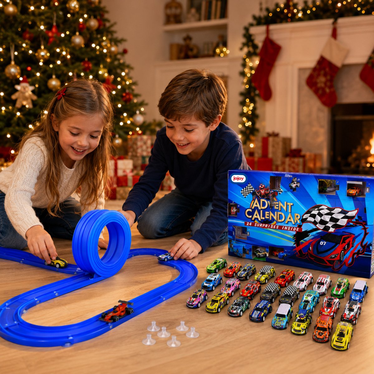 Jojoy - Racebaan Speelgoed - 5 Meter met 24 Auto’s - Dubbele Autobaan - Kerst Adventskalender voor Kinderen - TURBOBLUECALENDAR