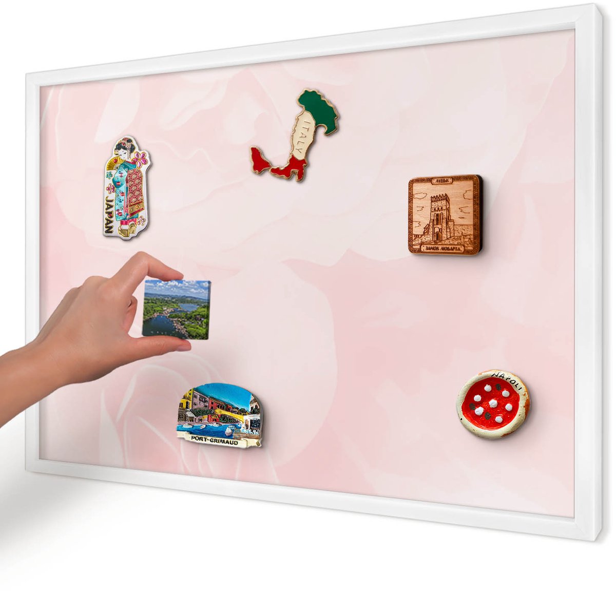 Artprintcave Roze Magneetbord mit Witte Lijst - 60x40 cm - Delicaat Roze Magnetische Organizer - Minimalist Magneet Bord mit Frame - Bloemen En Planten