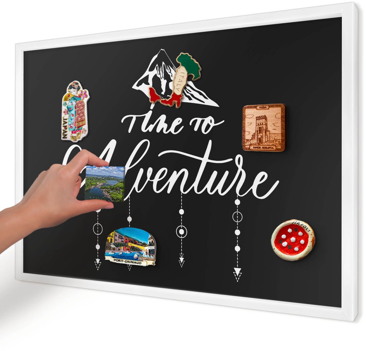 Artprintcave Zwart Magneetbord mit Witte Lijst - 60x40 cm - Avontuur Wacht. Memobord Keuken - Modern Magnetisch Bord - Teksten