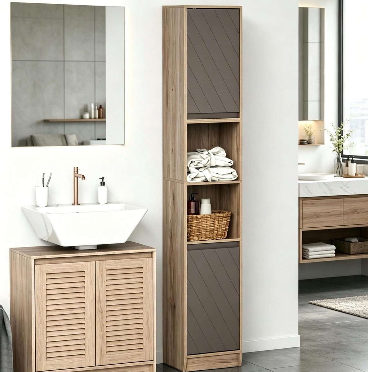 FloraGrace Hoge Kast - Smalle Badkamerkast Met Verstelbare Planken - Voor Badkamer En Hal - MDF En Spaanplaat - Grijs Eiken - 30x24x170 Cm