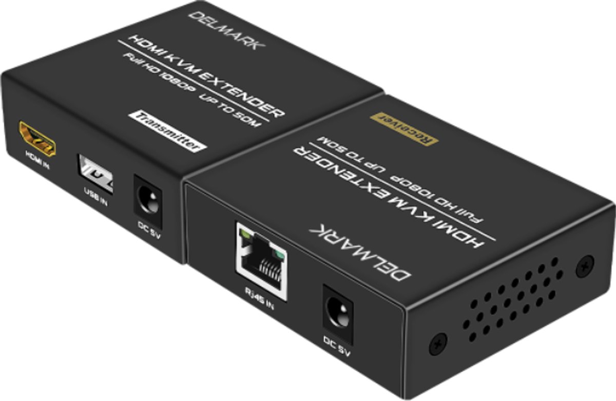 Delmark KVM Extender 50 meter - HDMI en USB over UTP Cat6 - Full HD 1080P/60Hz - KVM over RJ45 - IP