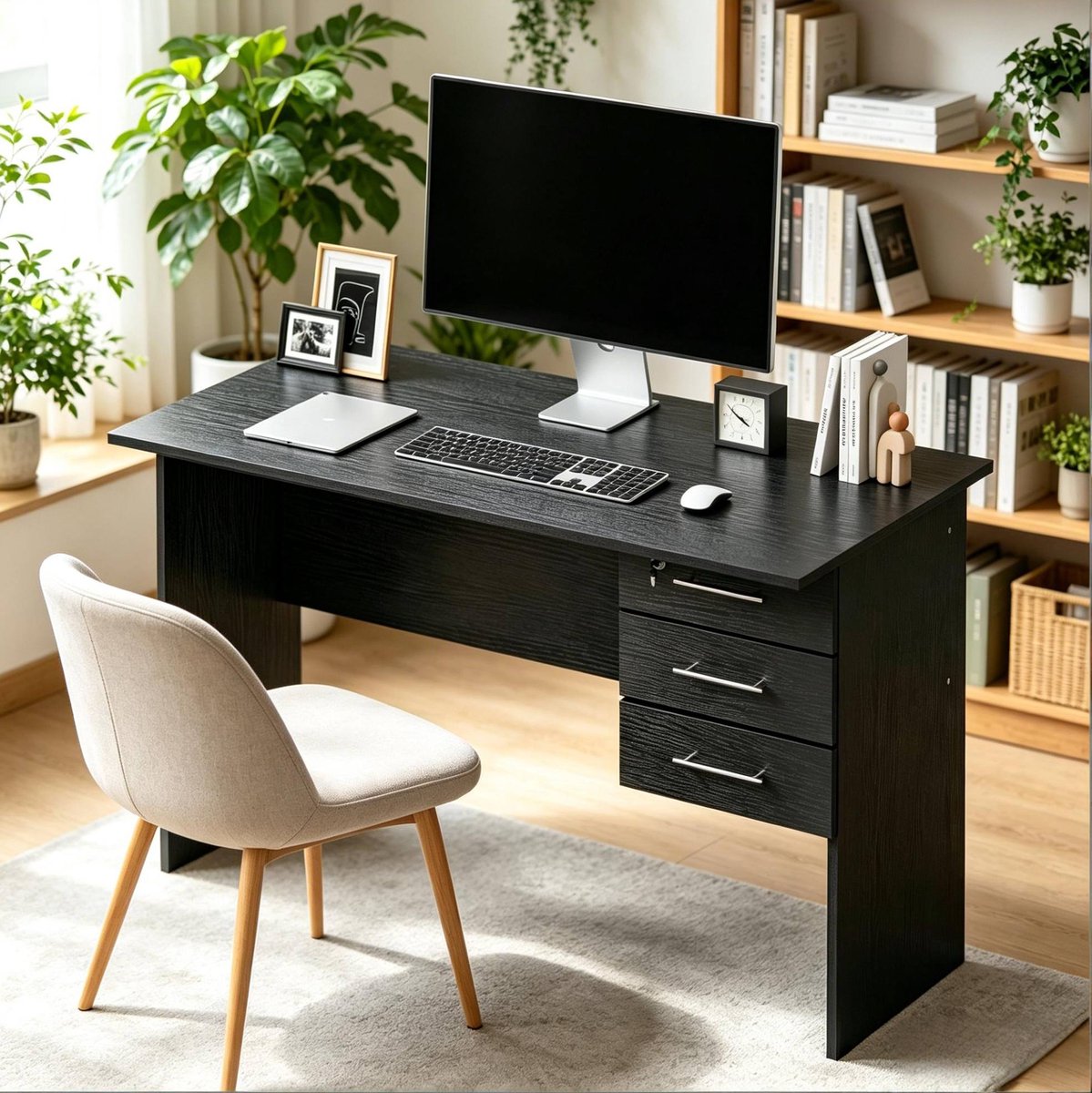 FloraGrace Bureau - Modern Bureau Met 3 Lades En Slot - Voor Thuiswerk En Studie - Hout - Zwart - 120x60x75 Cm