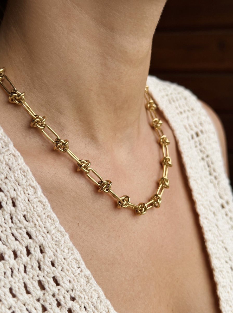 Anelplus Schakelketting Dames – Goudkleurige Ketting met Knoopdesign – Trendy Statement Halsketting – Minimalistisch & Elegant Sieraad