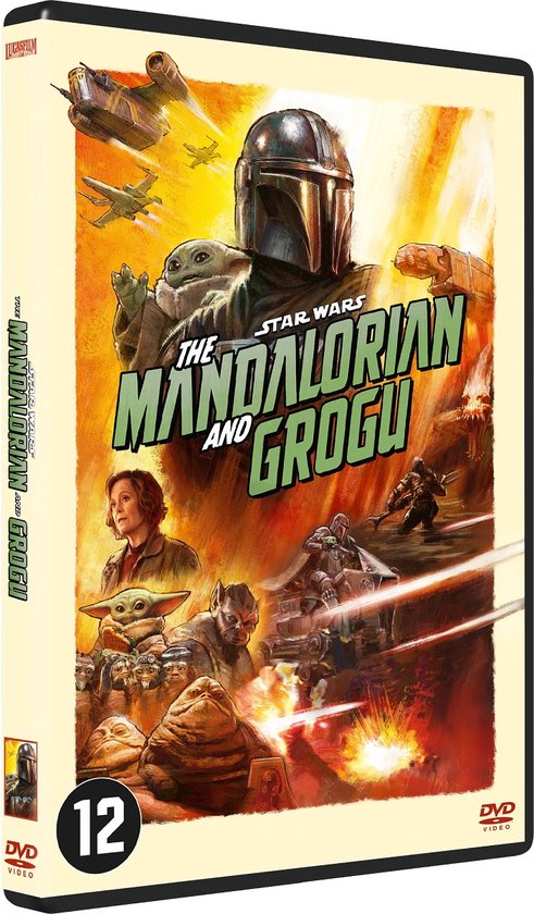 DVD-hoes van "Star Wars: The Mandalorian and Grogu" met Mandaloriaanse en Grogu-personages, ruimteschepen en actiescènes.