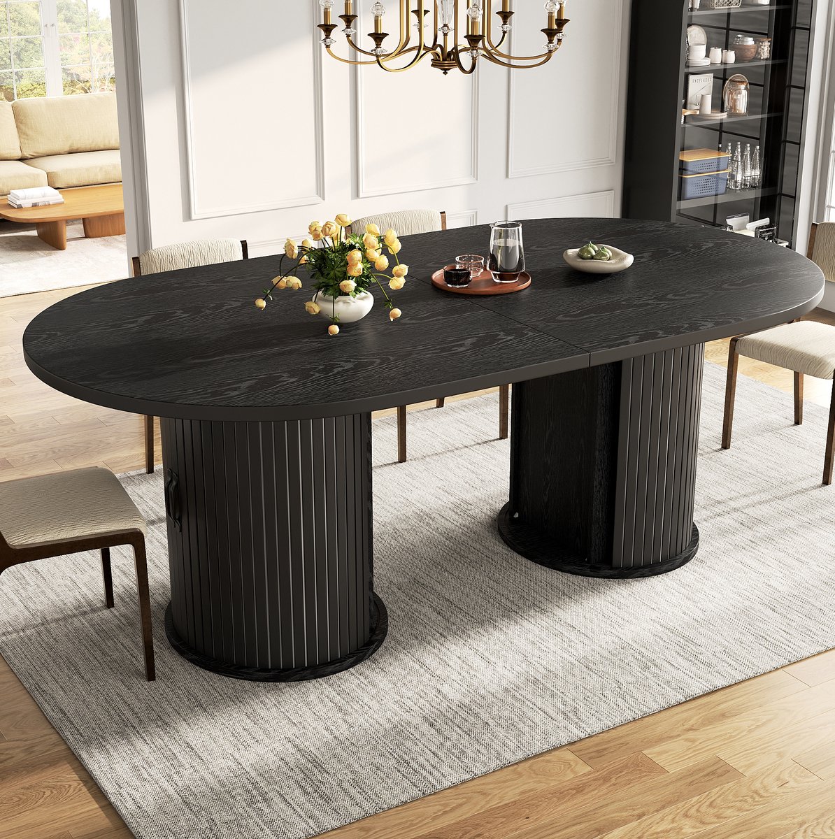 FloraGrace Eettafel - Uitschuifbaar Met Verborgen Opbergruimte - Voor Eten En Werken - Hout En Metaal - 149,8-189,7x80x75 Cm - Zwart