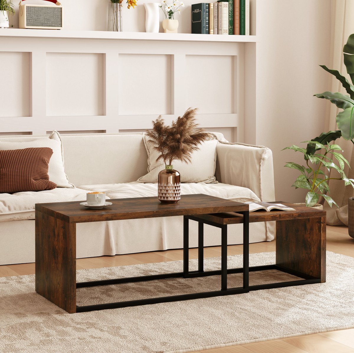 COVREO Salontafel 90x48x42 cm rustiek bruin, MDF metaal 2-delige set