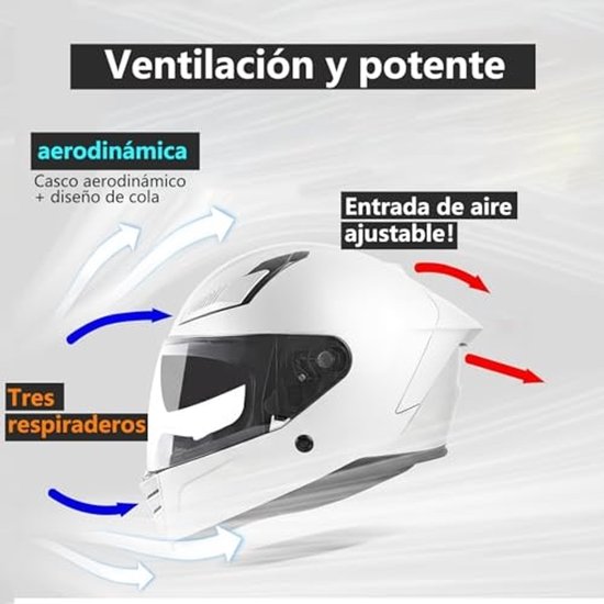 Wit integraalhelm met pijlen die luchtstroom aangeven. Tekst: Ventilación y potente, aerodinámica. Tres respiraderos.