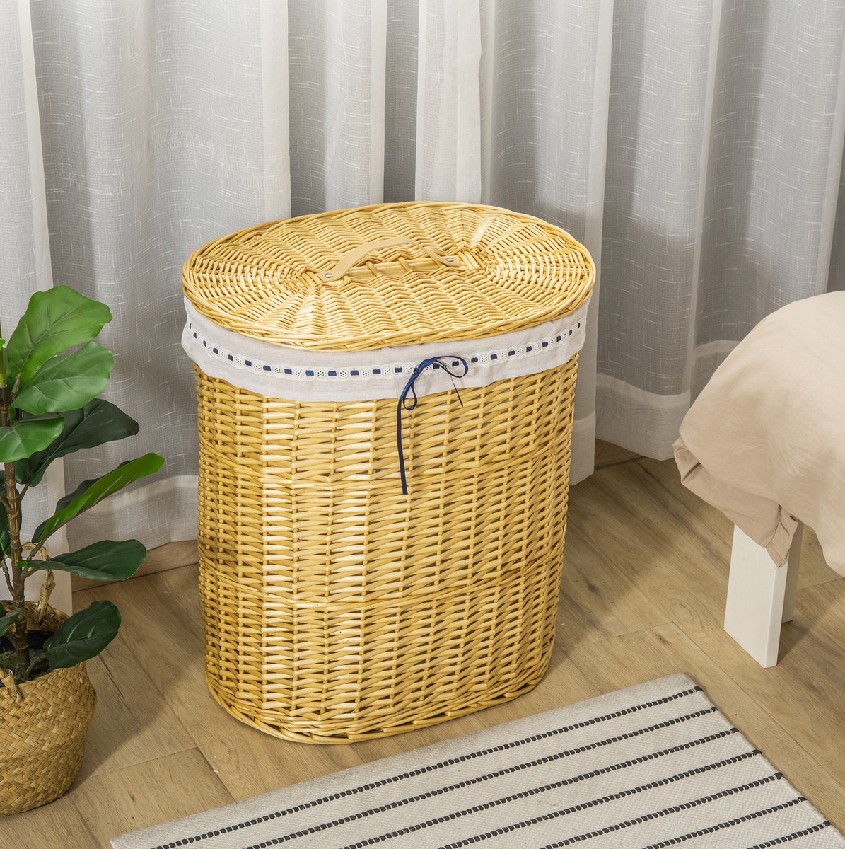 COVREO Waskorf met deksel 51 x 38 x 57 cm naturel, rotan met voering
