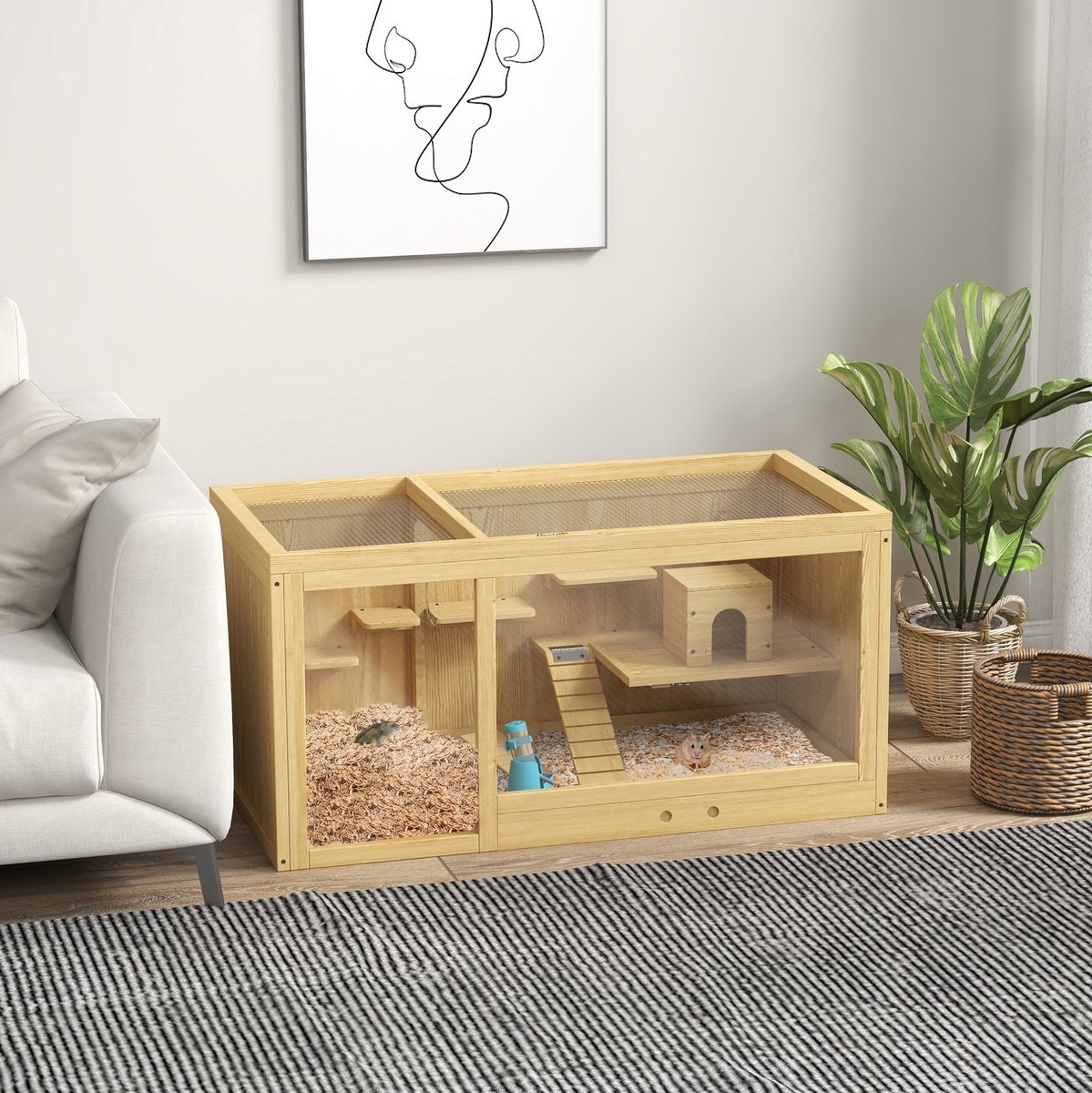 REDOM - Kooi voor knaagdieren - Houten constructie - Met opklapbaar dak - Met schommels en ladders - Voor binnen - Hout - Naturel hout - 100 x 50 x 50 cm