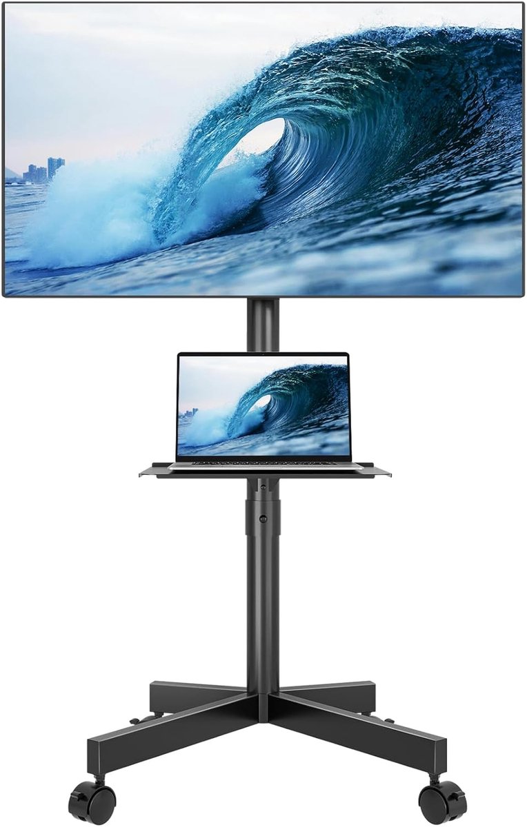 Mobiele TV Standaard op Wielen voor 23-60 Inch TV's, Hoogte Verstelbaar, met Laptopplank, VESA 400x400 mm, tot 25 kg