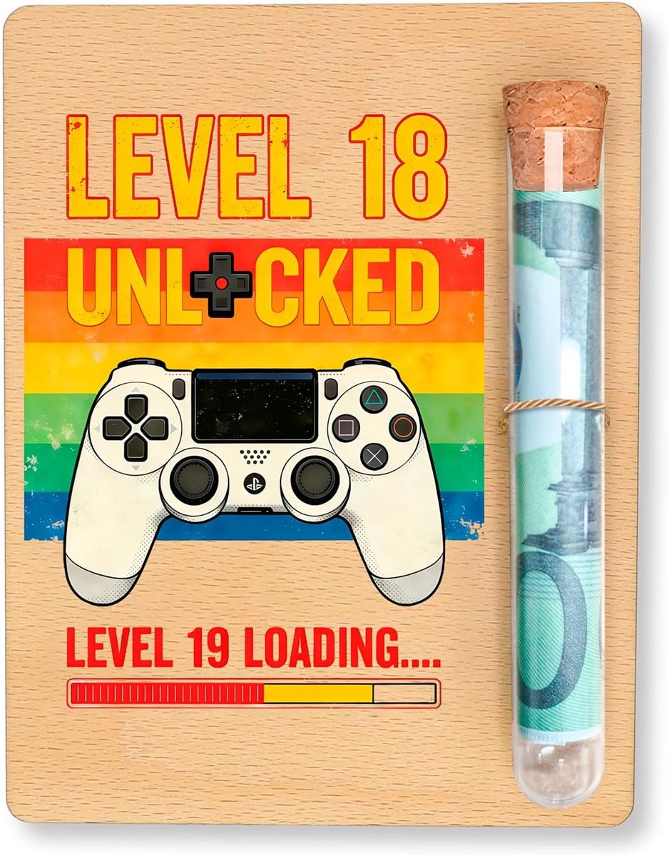SnelShoppen - Geldgeschenk 18e verjaardag jongen - houten kaart met reageerbuis 'Level 18 Unlocked' - creatieve geldgeschenkverpakking voor gamers - o