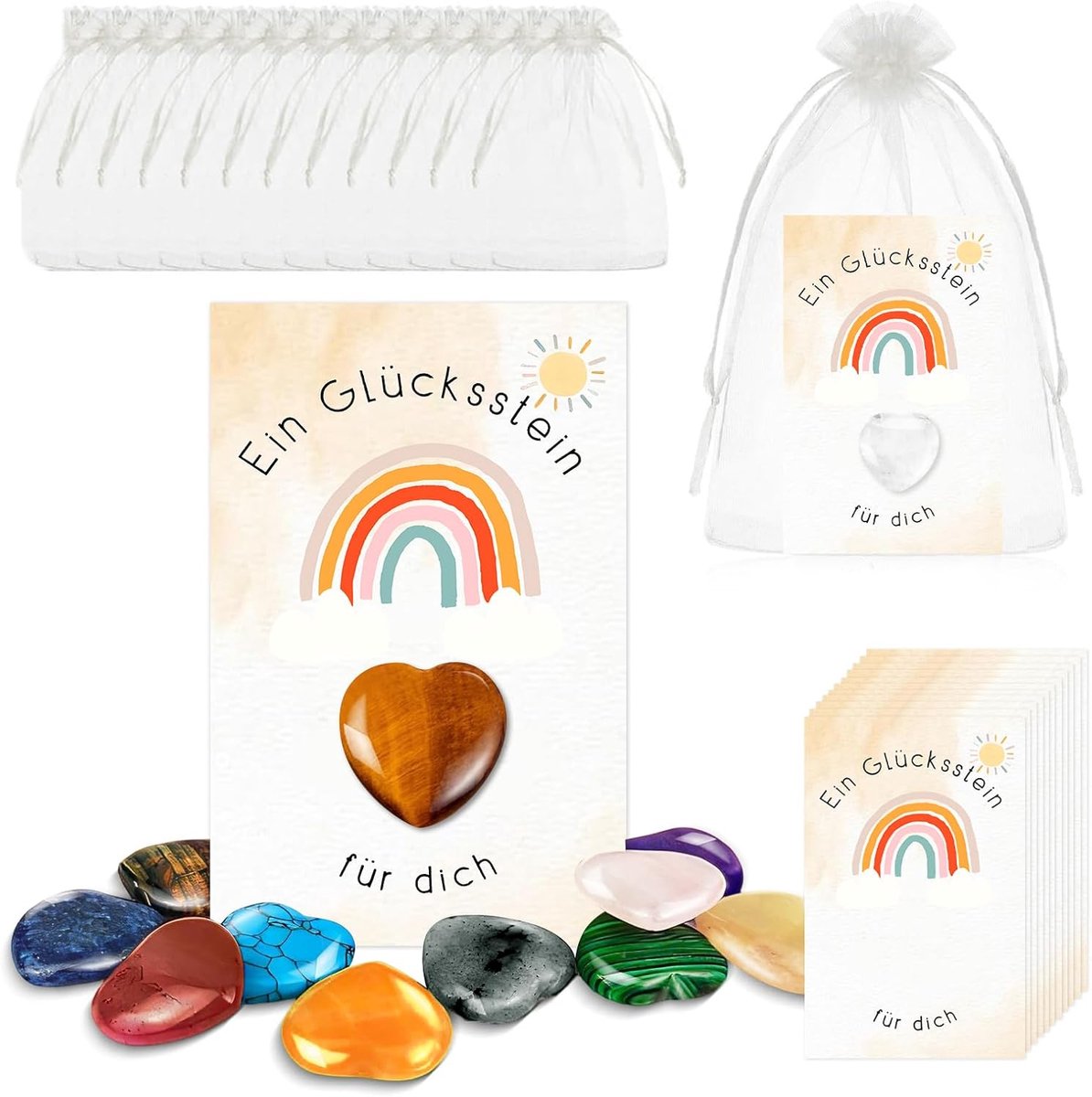 Geluksstenen set 12 stuks - hartvormige halvedelstenen - met regenbogen en zakjes - inspiratie voor kinderen - ShopVlot
