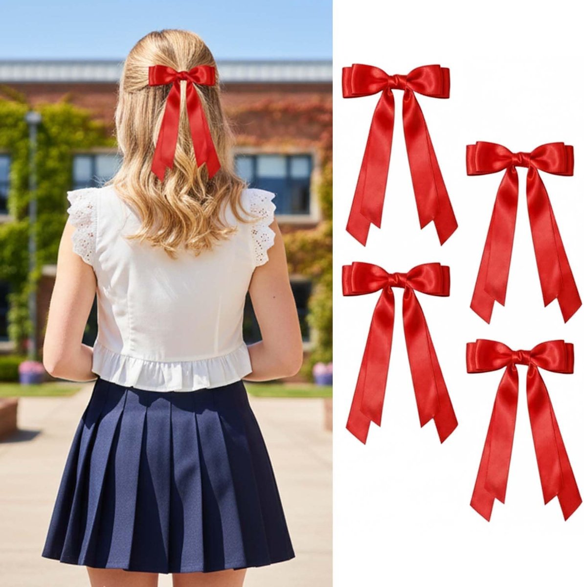 4 Stuks Rode Satijnen Haarstrikken, Grote Dubbele Lint Haarclips voor Dames en Meisjes, Ponytail Houders voor - ShopVlot