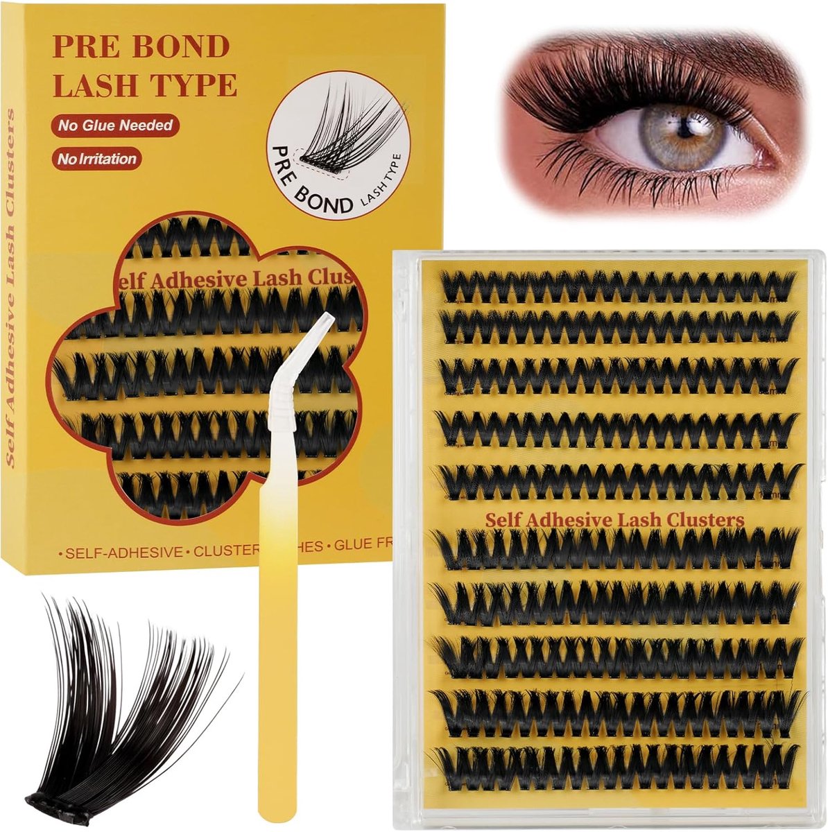 SnelShoppen - Pack van 200 Zelfklevende Wimpers, Press on Wimpers Volume met Pincet, Herbruikbare Wimpers, Zelfklevende Wimperclusters, DIY Set 10-16
