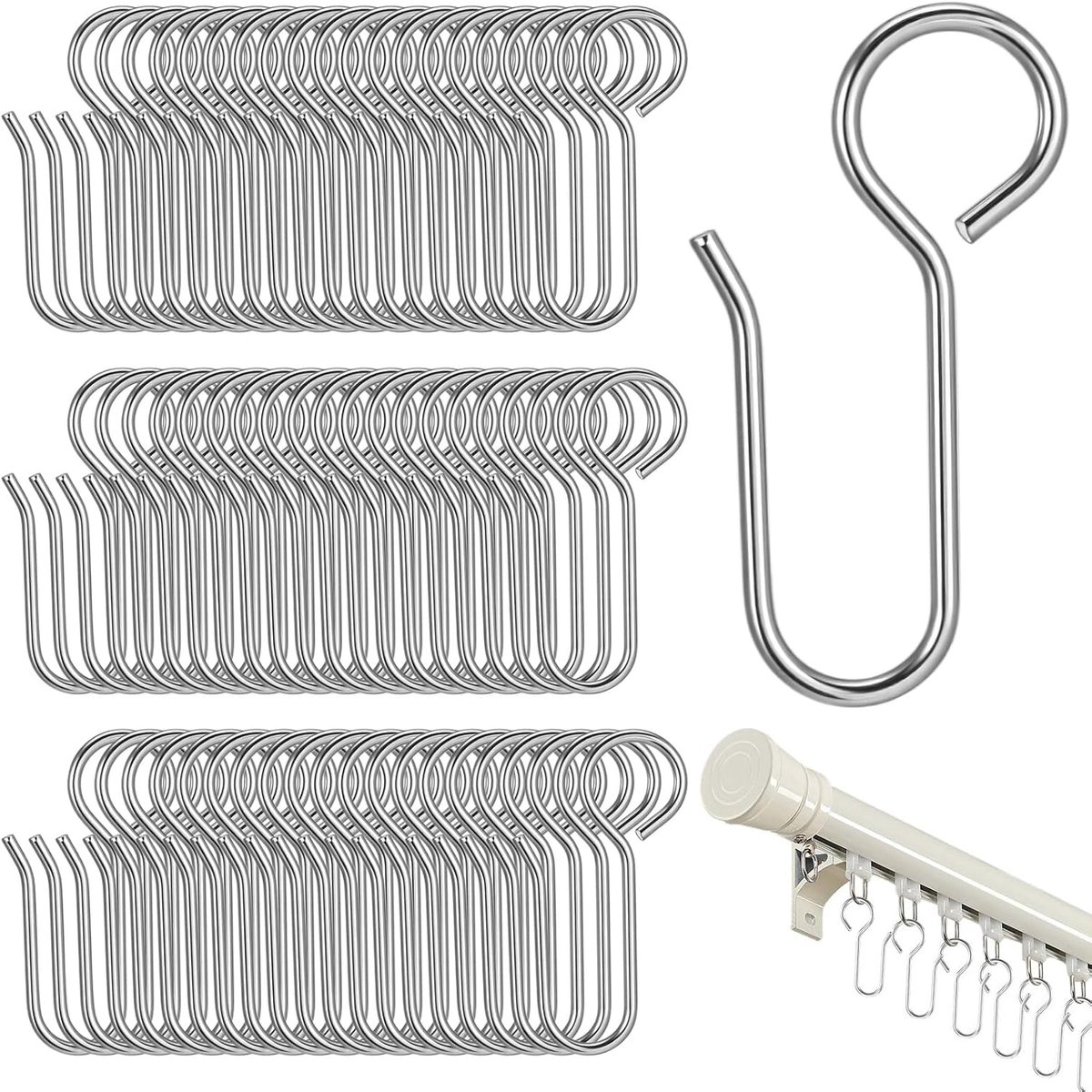 SnelShoppen - Pack van 60 Sterke RVS Gordijnhaakjes voor Ringen, Metalen Gordijnhaken voor Raamsystemen, Geschikt voor Gordijnen, Deurgordijnen, Douch