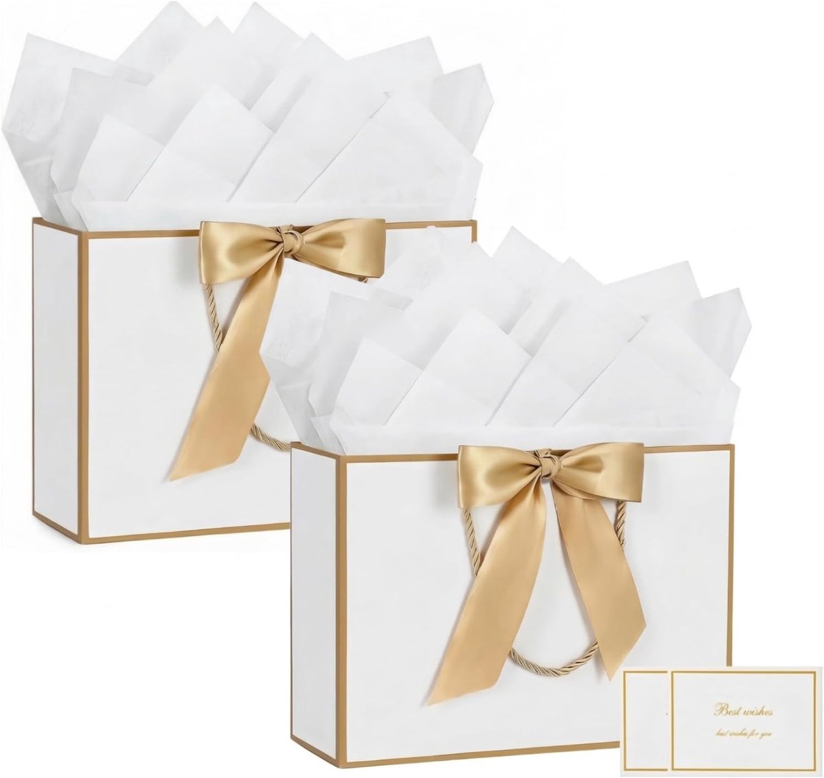 THXFUNAREA Geschenktas, wit goud, set van 2 stuks, 28 x 20 x 10 cm, cadeauzakje met strik en kaart, elegante - ShopVlot
